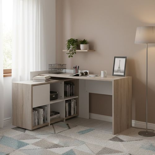 Scrivania Marrone Quercia Angolare 3 Ripiani 140x120x80.4h cm, 6 Vani