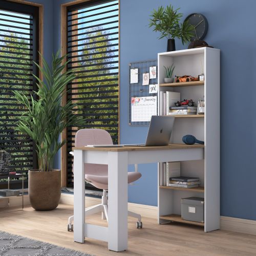 Scrivania Marrone Rovere Bianco 5 Ripiani 5 Vani 120x54x154h cm, con Libreria - Cervaro