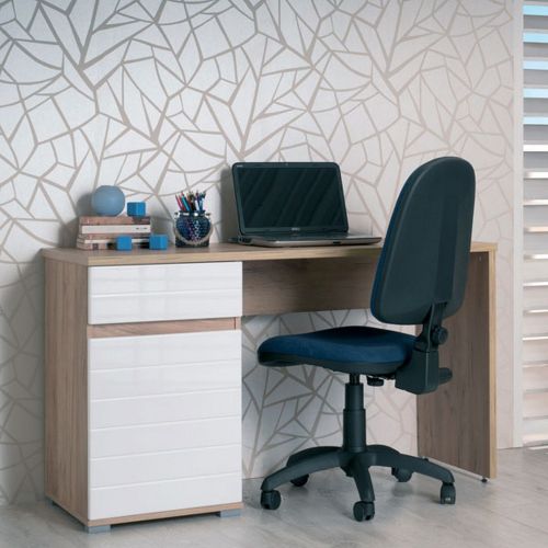 Scrivania Marrone Rovere Bianco un Cassetto un Ripiano 130x50x75.5h cm, Un'anta - Cambio