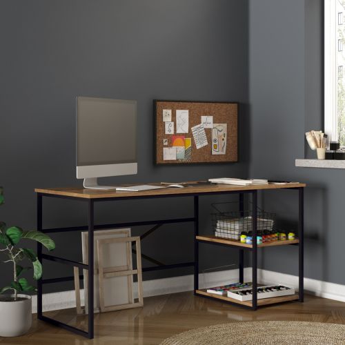 Scrivania Marrone Rovere Nero 3 Ripiani 2 Vani 160x60x75h cm, Colore Ripiano Marrone - Foppolo