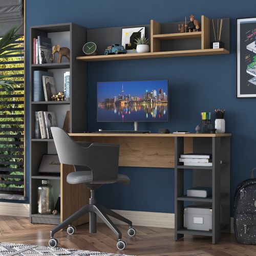 Scrivania Marrone Rovere Nero Antracite 9 Ripiani 2 Cassetti 160x45x162h cm, 7 Vani - Venetico