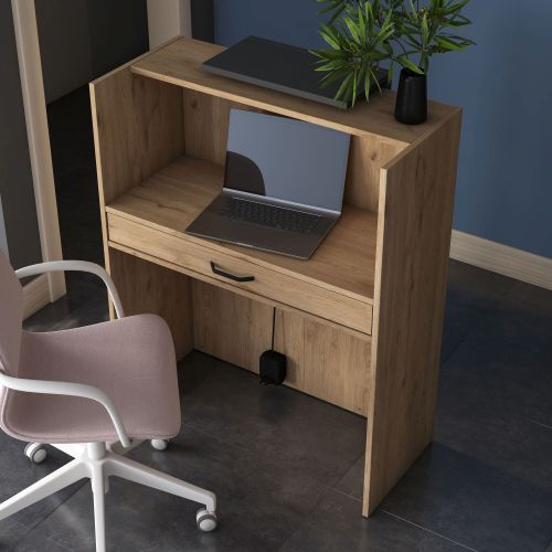 Scrivania Marrone Rovere Nero Antracite un Ripiano un Cassetto 90x40x110h cm, Banco Reception - Otricoli
