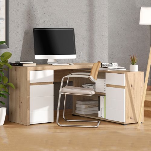 Scrivania Marrone Rovere Nodi Bianco Angolare 2 Cassetti 140x124x77h cm, 5 Ripiani - Piran