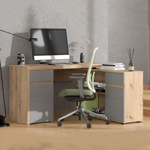 Scrivania Marrone Rovere Nodi Grigio Scuro Angolare 2 Cassetti 140x124x77h cm, 5 Ripiani - Piran