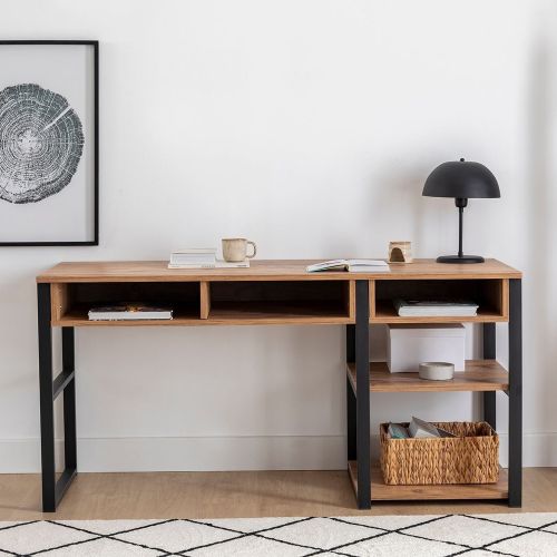 Scrivania Marrone Rovere Nodi Nero 5 Ripiani 5 Vani 150x58x76h cm, Colore Ripiano Marrone - Taceno
