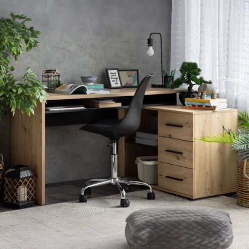 Scrivania Marrone Rovere Nodi Nero Angolare 3 Ripiani 137.5x101.5x75h cm, 3 Cassetti - Sapri