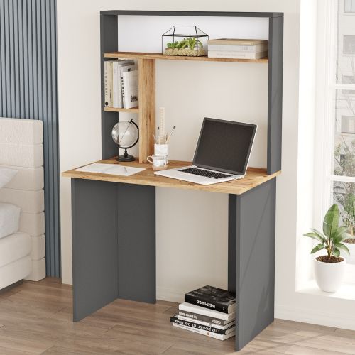 Scrivania Marrone Rovere Nodi Nero Antracite 3 Ripiani 4 Vani 90x52x149h cm, Colore Ripiano Marrone - Nicotera