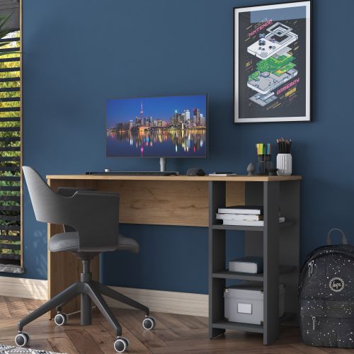 Scrivania Marrone Rovere Nodi Nero Antracite 4 Ripiani 3 Vani 120x45x74h cm, Colore Ripiano Marrone - Pombia