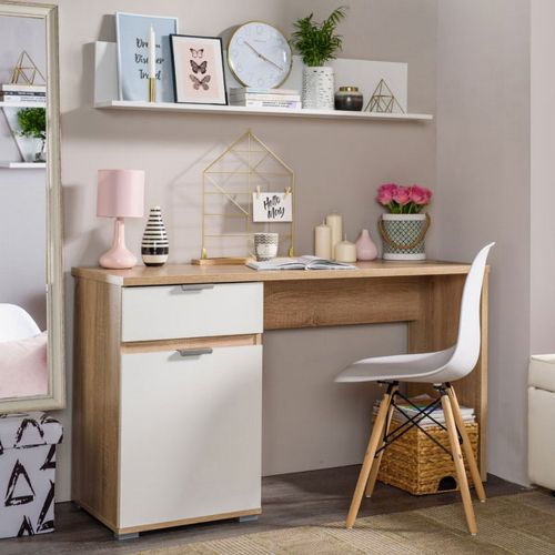 Scrivania Marrone Rovere Scuro Bianco un Cassetto un Ripiano 130x50x75.5h cm, Un'anta - Petriano