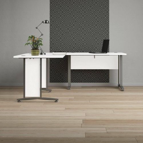 Scrivania Melisande, Scrittoio multiuso, Tavolo per ufficio porta PC, Piano di lavoro, 200x200 h75 cm, Bianco e Grigio