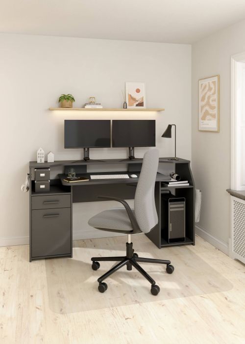 Scrivania Mezzani, tavolo da lavoro dotato di 1 anta e 1 cassetto, ideale per ufficio e gaming, 171x62 h89 cm, Grigio