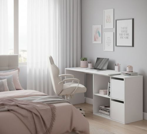Scrivania Milwaukee, Scrittoio multifunzione modulare con scaffale, Tavolo da studio o ufficio multiposizione con montaggio ad angolo, 152x49h74 cm, Bianco
