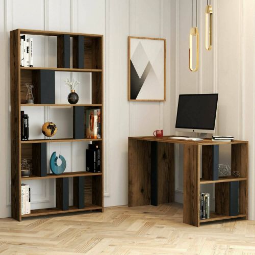 Scrivania Mirach, Scrittoio angolare, Tavolo per ufficio porta PC con libreria, 120x60h75 cm, Noce e Antracite