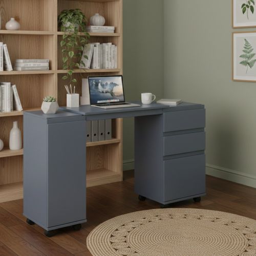 Scrivania-mobile allungabile con cassetti e contenitore in MDF laccato grigio