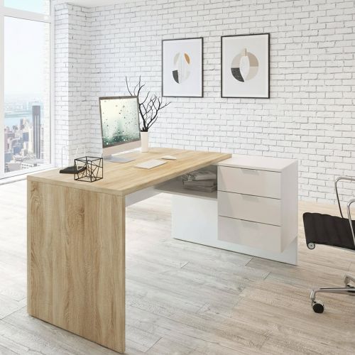 Scrivania moderna rovere e bianca 145x108cm con 2 cassetti - Agnello