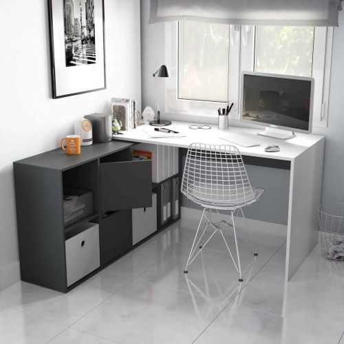 Scrivania modulabile bianca e antracite 136x139cm con libreria - Abby