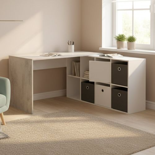 Scrivania modulabile bianca e cemento 136x139cm con libreria - Abby