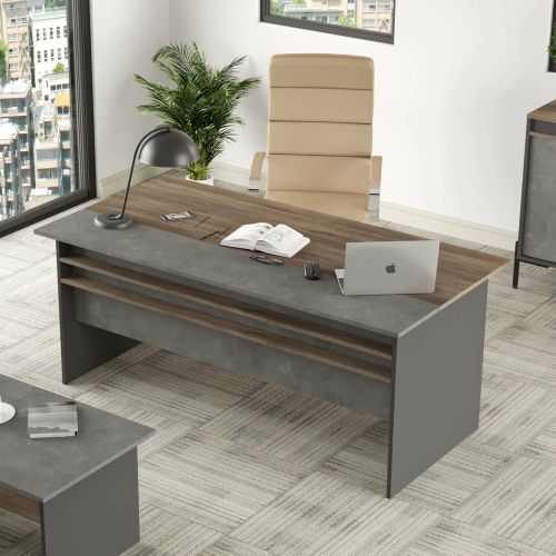Scrivania Nash, Scrittoio multiuso, Tavolo per ufficio porta PC, Piano di lavoro, 180x90 h75 cm, Marrone e Grigio