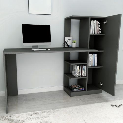 Scrivania Nero Antracite 6 Ripiani Un'anta 120x55x74h cm, 7 Vani - Donnas