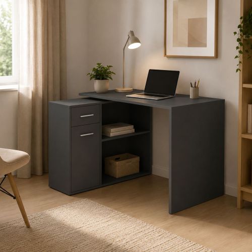 Scrivania Nero Antracite Angolare un Cassetto 120x92x74h cm, 2 Ripiani - Linaza