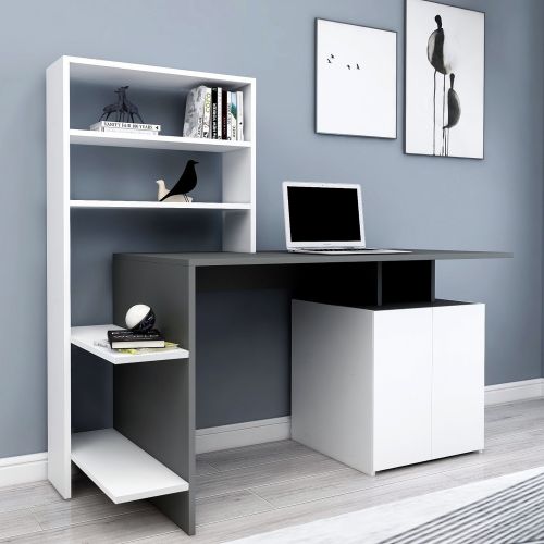 Scrivania Nero Antracite Bianco 8 Ripiani 2 Ante 146x60x74h cm, 7 Vani - Recco