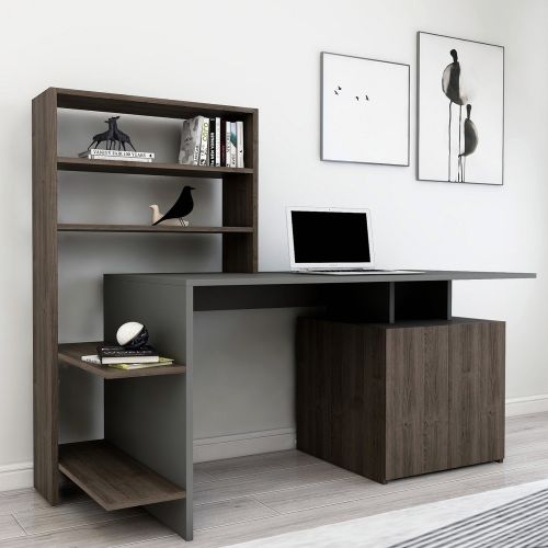 Scrivania Nero Antracite Marrone 8 Ripiani 2 Ante 146x60x74h cm, 7 Vani - Recco