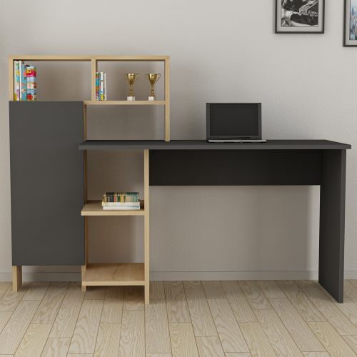 Scrivania Nero Antracite Marrone Rovere 6 Ripiani Un'anta 136x60x112h cm, 7 Vani - Cremella