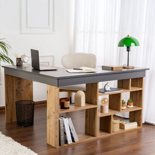 Scrivania Nero Antracite Marrone Rovere Nodi Angolare Cassetti 130x120x72h cm, 6 Ripiani - Patti