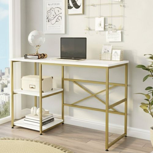 Scrivania No bianca e oro 120x60cm con libreria - Giusto