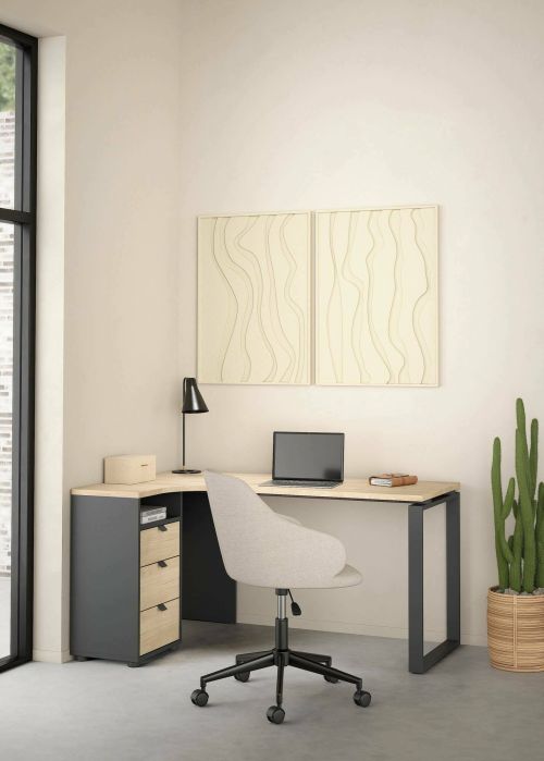 Scrivania Noemie, Scrittoio multiuso, Tavolo per ufficio porta PC, Piano di lavoro, 100x150 h76 cm, Rovere e Grigio