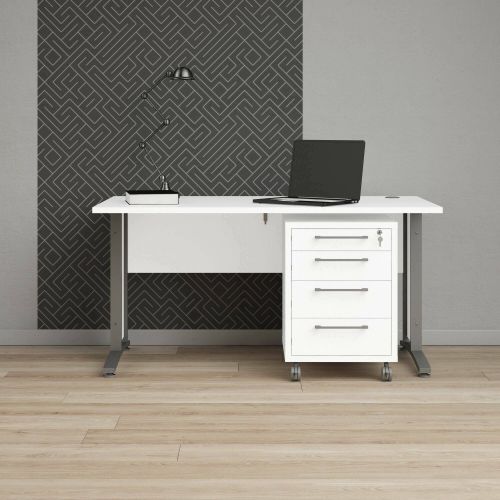 Scrivania Orphee, Scrittoio multiuso, Tavolo per ufficio porta PC, Piano di lavoro, 150x80 h75 cm, Bianco e Grigio