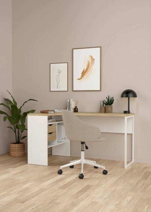 Scrivania Patience, Scrittoio multiuso, Tavolo per ufficio porta PC, Piano di lavoro, 145x81 h77 cm, Bianco e Quercia