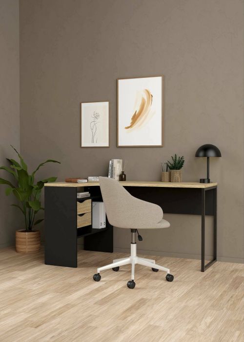 Scrivania Patience, Scrittoio multiuso, Tavolo per ufficio porta PC, Piano di lavoro, 145x81 h77 cm, Nero e Quercia