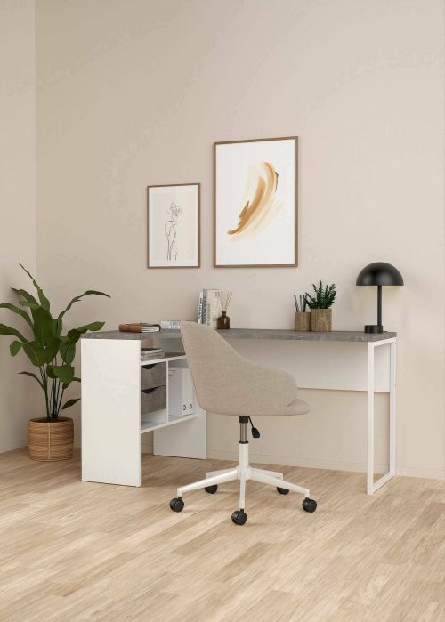 Scrivania Patience, Scrittoio multiuso, Tavolo per ufficio porta PC, Piano di lavoro, 81x145 h77 cm, Bianco e Grigio