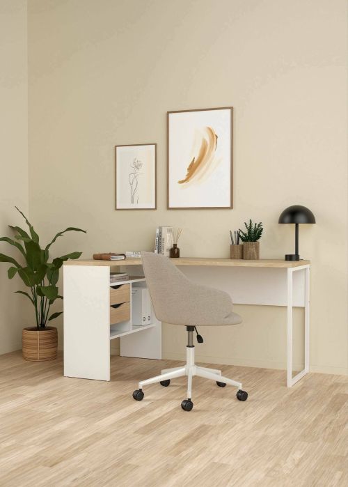 Scrivania Patience, Scrittoio multiuso, Tavolo per ufficio porta PC, Piano di lavoro, 81x145 h77 cm, Bianco e Rovere