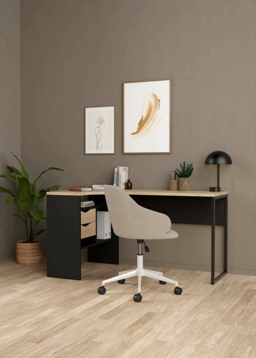 Scrivania Patience, Scrittoio multiuso, Tavolo per ufficio porta PC, Piano di lavoro, 81x145 h77 cm, Nero e Rovere