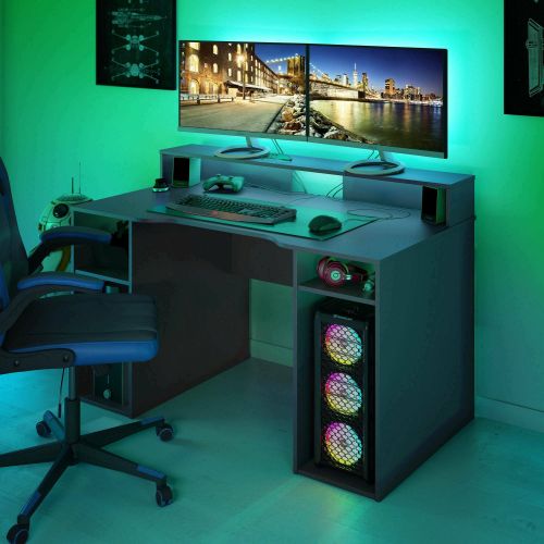 Scrivania Phoenix, Scrittoio multifunzione moderno da Gaming, Tavolo da studio porta PC e porta CD, Tavolo da studio con ripiani, 136x67h88 cm, Antracite