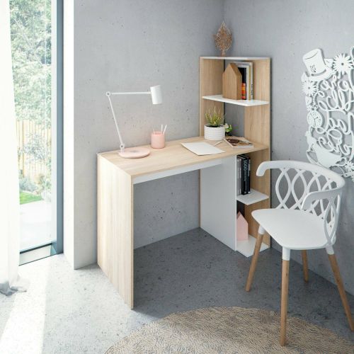 Scrivania Pittston, Scrittoio lineare con libreria, Tavolo ufficio multiuso salvaspazio, 110x52h136 cm, Bianco e Rovere
