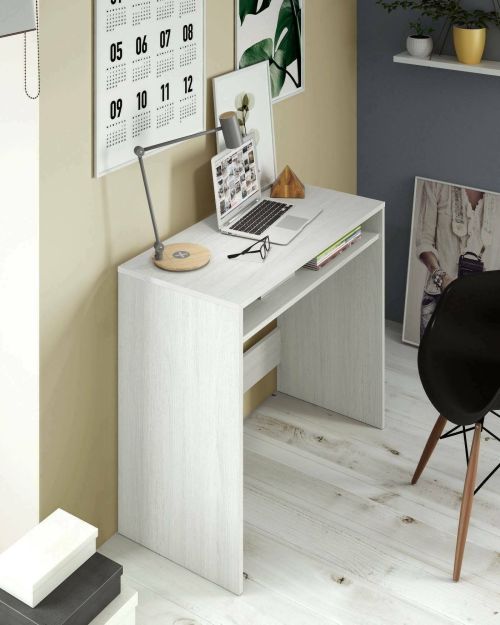 Scrivania Portland, Scrittoio lineare con ripiano fisso, Tavolo da studio o ufficio porta PC, 79x43h78 cm, Bianco effetto legno