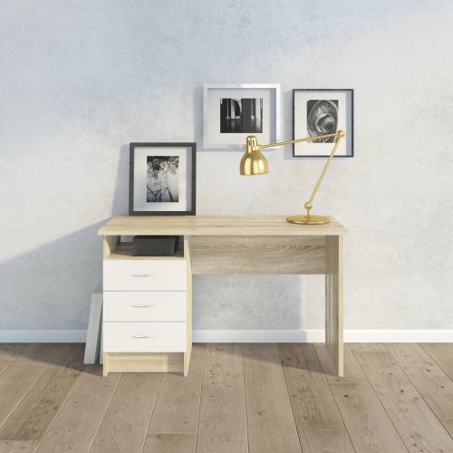 Scrivania Priscille, Scrittoio multiuso, Tavolo per ufficio porta PC, Piano di lavoro, 120x48 h72 cm, Quercia e Bianco