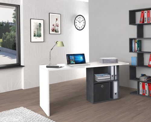 Scrivania Raimondo, Scrittoio lineare porta PC, Tavolo multiuso per ufficio, Scrivania salvaspazio, 100% Made in Italy, cm 110x50h75, Bianco lucido e Ardesia