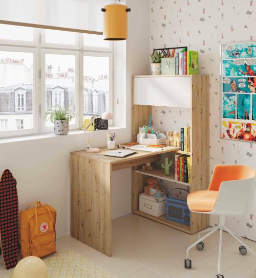 Scrivania Riverside, Scrittoio multifunzione reversibile ad angolo con libreria, Tavolo da studio o ufficio multiposizione, 108x70h140 cm, Bianco e Rovere nodi