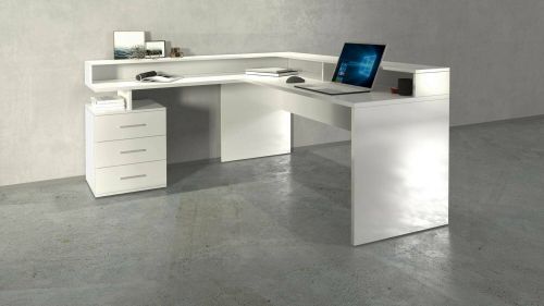 Scrivania Salomone, Scrittoio angolare con sopralzo, Scrivania ufficio multiuso, 180x90h160 cm, Bianco