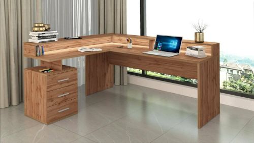 Scrivania Salomone, Scrittoio angolare con sopralzo, Scrivania ufficio multiuso, 180x90h160 cm, Rovere