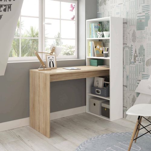 Scrivania salvaspazio bianca e legno 120x53cm con libreria - Ali