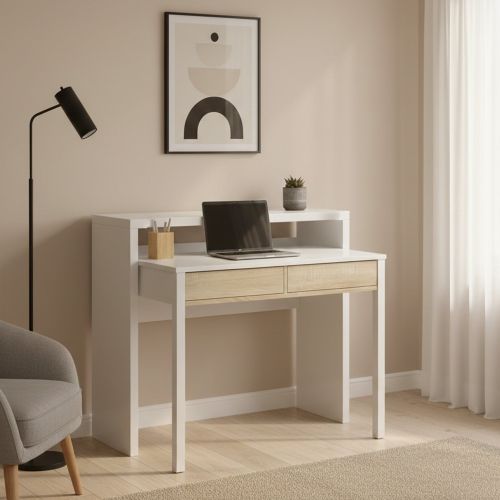 Scrivania salvaspazio bianca e rovere 98x36cm con 2 cassetti - Andriy