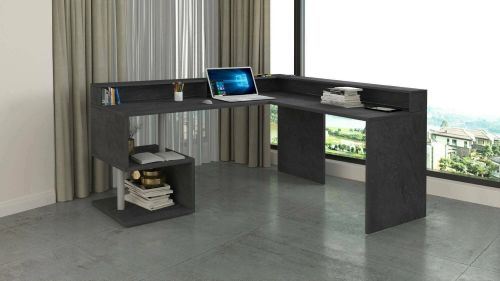 Scrivania Sansone, Scrittoio angolare con ripiani portaoggetti, Scrivania ufficio multiuso con sopralzo, 180x60h93 cm, Ardesia