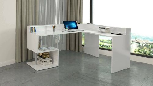 Scrivania Sansone, Scrittoio angolare con ripiani portaoggetti, Scrivania ufficio multiuso con sopralzo, 180x60h93 cm, Bianco