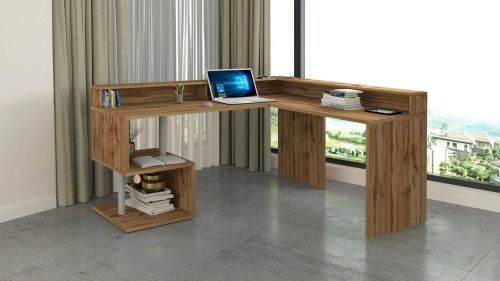 Scrivania Sansone, Scrittoio angolare con ripiani portaoggetti, Scrivania ufficio multiuso con sopralzo, 180x60h93 cm, Rovere