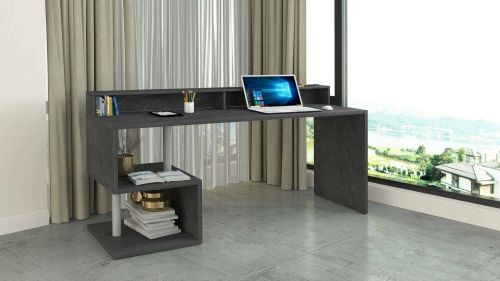 Scrivania Serafino, Scrittoio lineare con ripiani portaoggetti, Scrivania ufficio multiuso con sopralzo, 180x92,5h60 cm, Ardesia